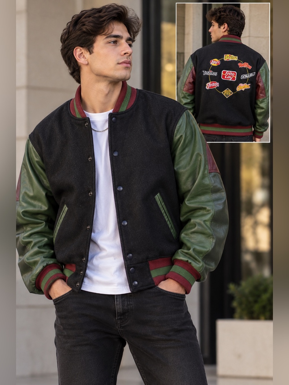 Vintage Holloway Frito Lay Varsity Jacket M Made USA Snack Logo Leather Look